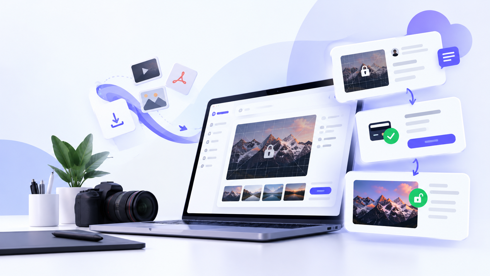 Dropcage creative delivery concept with project previews, client approval and a planned payment-to-unlock workflow
